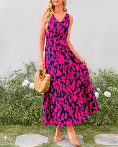 BTFBM Women Summer Dresses 2024 Sleeveless V Neck Maxi Dress Boho Long Dress High Waisted A-Line Ruffle Floral Dress(Navy Rose Red Flower,X-Large)