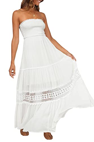 ZESICA Women's 2024 Summer Bohemian Strapless Off Shoulder Lace Trim Backless Flowy A Line Beach Long Maxi Dress,White,X-Small