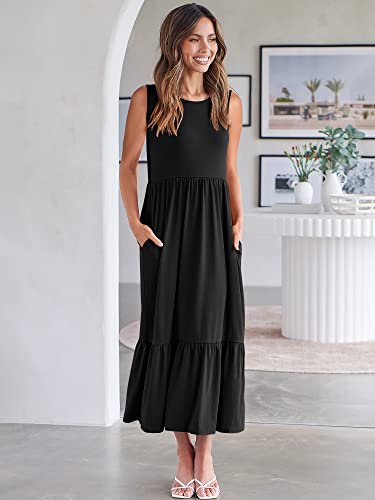 ANRABESS Women Summer Casual Sleeveless Crewneck Sundress Aline Flowy Tiered Maxi Long Beach Dress Vacation Outfits Large Black