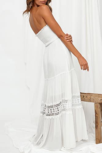 ZESICA Women's 2024 Summer Bohemian Strapless Off Shoulder Lace Trim Backless Flowy A Line Beach Long Maxi Dress,White,X-Small