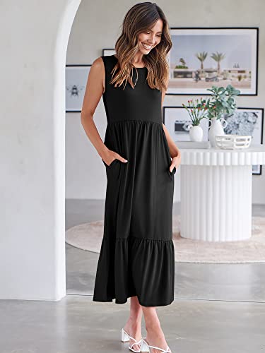 ANRABESS Women Summer Casual Sleeveless Crewneck Sundress Aline Flowy Tiered Maxi Long Beach Dress Vacation Outfits Large Black
