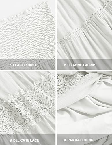 ZESICA Women's 2024 Summer Bohemian Strapless Off Shoulder Lace Trim Backless Flowy A Line Beach Long Maxi Dress,White,X-Small