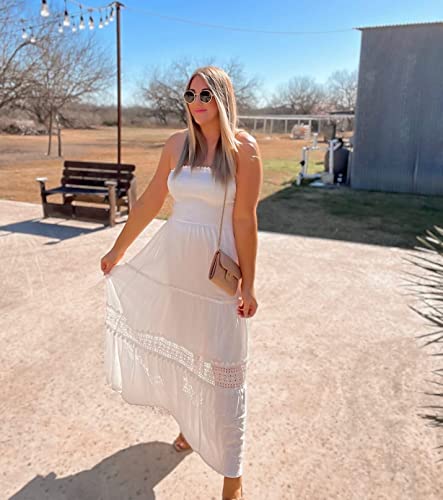ZESICA Women's 2024 Summer Bohemian Strapless Off Shoulder Lace Trim Backless Flowy A Line Beach Long Maxi Dress,White,X-Small