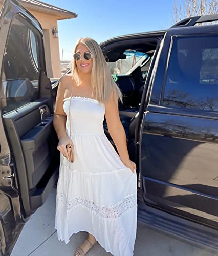 ZESICA Women's 2024 Summer Bohemian Strapless Off Shoulder Lace Trim Backless Flowy A Line Beach Long Maxi Dress,White,X-Small