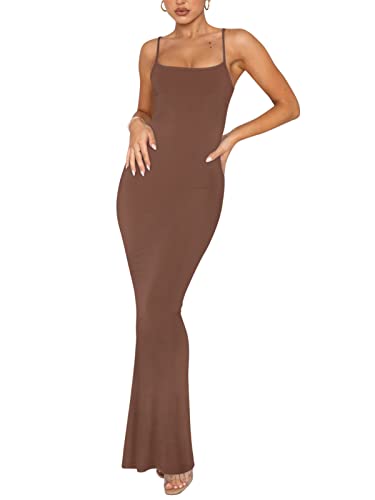 REORIA Women's Sexy Casual Lounge Slip Long Dress Elegant Wedding Guest Sleeveless Backless Ribbed Bodycon Maxi Dresses Coffee X-Small