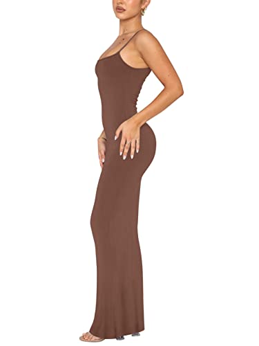 REORIA Women's Sexy Casual Lounge Slip Long Dress Elegant Wedding Guest Sleeveless Backless Ribbed Bodycon Maxi Dresses Coffee X-Small
