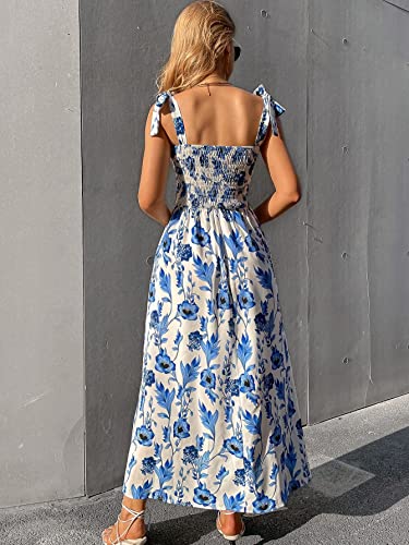 MakeMeChic Women's Summer Boho Dress Casual Floral Print Spaghetti Strap Square Neck Long Maxi Dress Beach Sun Dress A Blue and White M