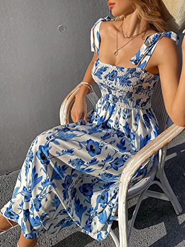 MakeMeChic Women's Summer Boho Dress Casual Floral Print Spaghetti Strap Square Neck Long Maxi Dress Beach Sun Dress A Blue and White M