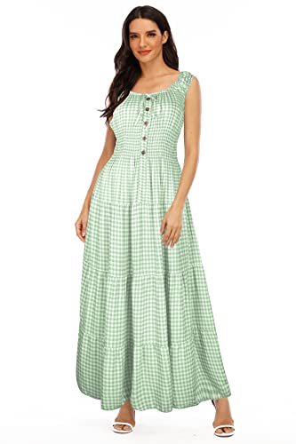 OSTOO Women's 2024 Summer Boho Floral Print Tiered Casual Flowy Long Maxi Dress(Green Plaid,M)