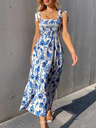 MakeMeChic Women's Summer Boho Dress Casual Floral Print Spaghetti Strap Square Neck Long Maxi Dress Beach Sun Dress A Blue and White M