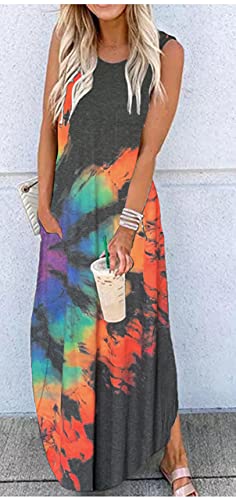 CHUNTIANRAN Women's Maxi Dress Summer Casual Sundress Sleeveless Long Dresses Hawaiian Beach Maxi Dress with Pockets(Reverse Rainbow-Grey,Medium)