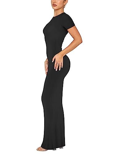 REORIA Women's Summer Sexy Casual Lounge Long Dress Elegant Wedding Guest Short Sleeve Crew Neck Bodycon Maxi Dresses Black Large