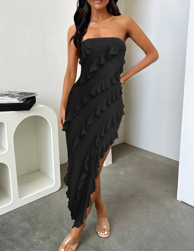 ZESICA Women's 2024 Strapless Bodycon Dress Sexy Off Shoulder Mesh Tassel Ruffle Side Split Tube Party Maxi Dresses,Black,Small