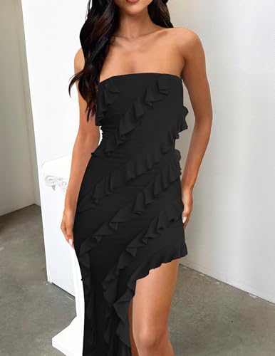 ZESICA Women's 2024 Strapless Bodycon Dress Sexy Off Shoulder Mesh Tassel Ruffle Side Split Tube Party Maxi Dresses,Black,Small