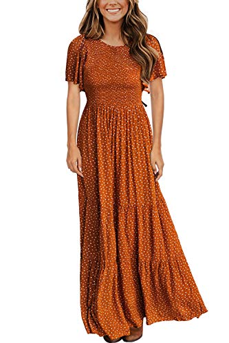 Women's Summer Dresses 2024 Round Neck Vacation Beach Flutter Short Sleeve Casual Flowy Fall Dress Smocked Floral Maxi Long Dress Caramel L