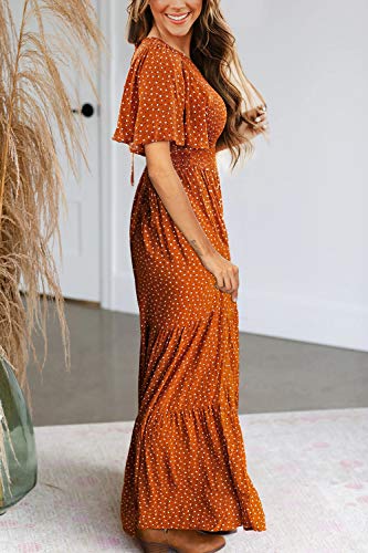 Women's Summer Dresses 2024 Round Neck Vacation Beach Flutter Short Sleeve Casual Flowy Fall Dress Smocked Floral Maxi Long Dress Caramel L