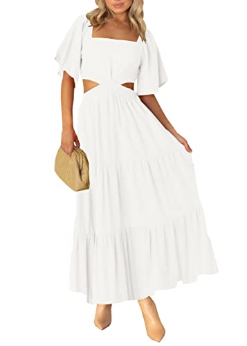LEANI Women's Summer Flowy Maxi Dress Short Sleeve Sexy Cut Out Formal Party Dress White