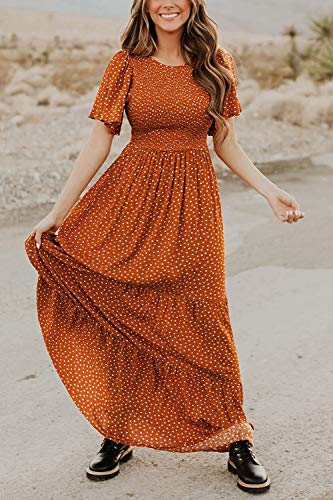 Women's Summer Dresses 2024 Round Neck Vacation Beach Flutter Short Sleeve Casual Flowy Fall Dress Smocked Floral Maxi Long Dress Caramel L