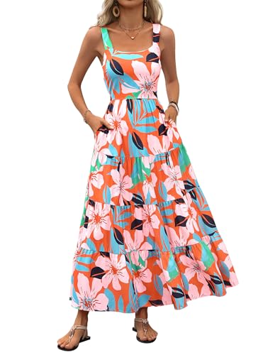 PRETTYGARDEN Women's Summer Floral Maxi Dress Sleeveless Smocked Tiered Ruffle Long Flowy Cute Casual Beach Boho Sundresses (Floral Orange Pink,Medium)