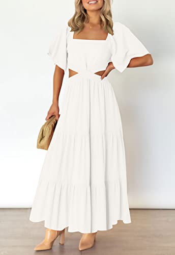 LEANI Women's Summer Flowy Maxi Dress Short Sleeve Sexy Cut Out Formal Party Dress White