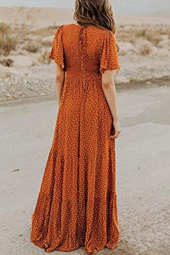 Women's Summer Dresses 2024 Round Neck Vacation Beach Flutter Short Sleeve Casual Flowy Fall Dress Smocked Floral Maxi Long Dress Caramel L