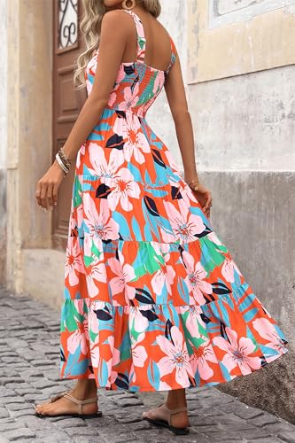 PRETTYGARDEN Women's Summer Floral Maxi Dress Sleeveless Smocked Tiered Ruffle Long Flowy Cute Casual Beach Boho Sundresses (Floral Orange Pink,Medium)
