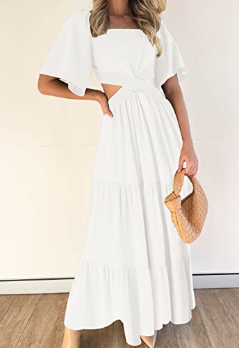 LEANI Women's Summer Flowy Maxi Dress Short Sleeve Sexy Cut Out Formal Party Dress White