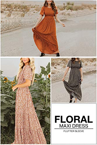 Women's Summer Dresses 2024 Round Neck Vacation Beach Flutter Short Sleeve Casual Flowy Fall Dress Smocked Floral Maxi Long Dress Caramel L