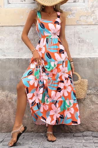 PRETTYGARDEN Women's Summer Floral Maxi Dress Sleeveless Smocked Tiered Ruffle Long Flowy Cute Casual Beach Boho Sundresses (Floral Orange Pink,Medium)