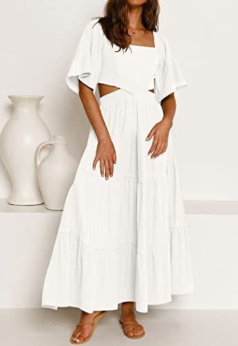 LEANI Women's Summer Flowy Maxi Dress Short Sleeve Sexy Cut Out Formal Party Dress White