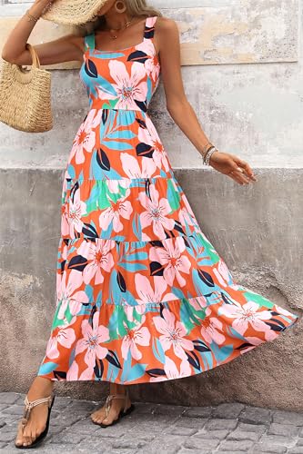 PRETTYGARDEN Women's Summer Floral Maxi Dress Sleeveless Smocked Tiered Ruffle Long Flowy Cute Casual Beach Boho Sundresses (Floral Orange Pink,Medium)