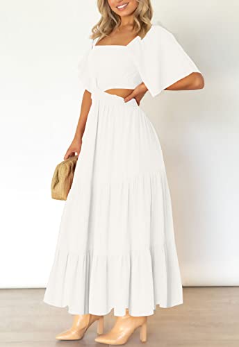 LEANI Women's Summer Flowy Maxi Dress Short Sleeve Sexy Cut Out Formal Party Dress White