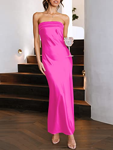 ANRABESS Women's 2024 Summer Strapless Satin Wedding Guest Formal Maxi Dresses Sexy Backless Cocktail Party Long Prom Dress Hot Pink Medium