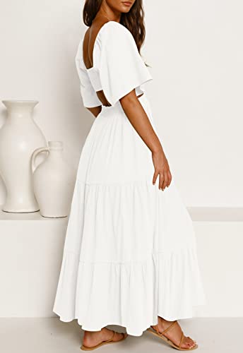 LEANI Women's Summer Flowy Maxi Dress Short Sleeve Sexy Cut Out Formal Party Dress White