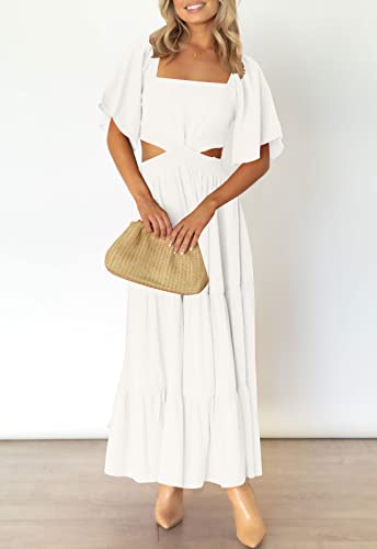 LEANI Women's Summer Flowy Maxi Dress Short Sleeve Sexy Cut Out Formal Party Dress White