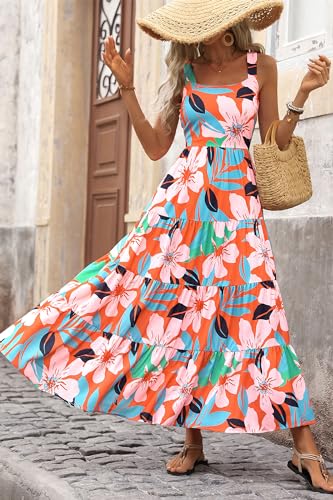 PRETTYGARDEN Women's Summer Floral Maxi Dress Sleeveless Smocked Tiered Ruffle Long Flowy Cute Casual Beach Boho Sundresses (Floral Orange Pink,Medium)