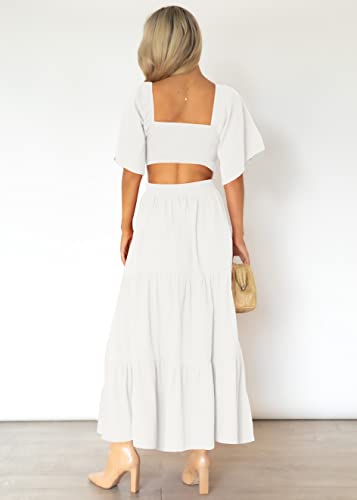 LEANI Women's Summer Flowy Maxi Dress Short Sleeve Sexy Cut Out Formal Party Dress White