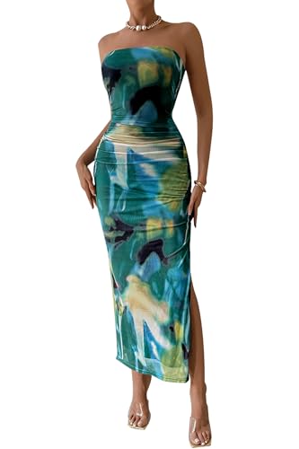 PRETTYGARDEN Women's Summer Maxi Bodycon Dresses Strapless Tube Top Printed Long Party Club Slit Dress (Print Green,Large)
