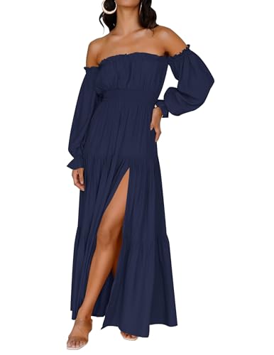 ZESICA Women's 2024 Boho Sexy Off Shoulder Long Sleeve Smocked High Waist Side Split Flowy A Line Tiered Long Maxi Dress,Navy,Small