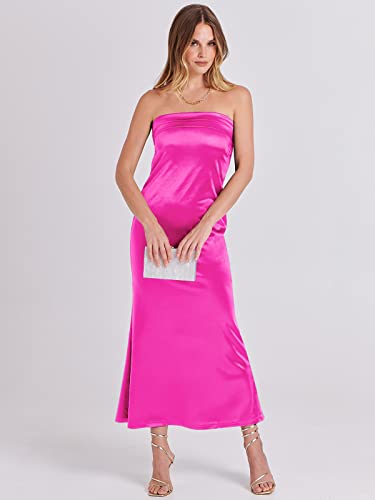 ANRABESS Women's 2024 Summer Strapless Satin Wedding Guest Formal Maxi Dresses Sexy Backless Cocktail Party Long Prom Dress Hot Pink Medium