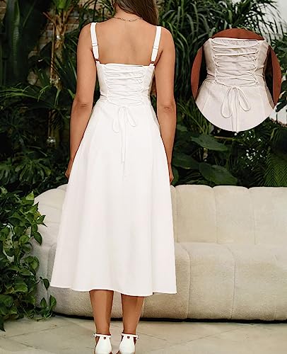 Wedding Guest Dresses for Women Midi Corset Lace Up A Line Dress Solid Flowy Slit Going Out Sundress for Tea Party