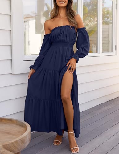 ZESICA Women's 2024 Boho Sexy Off Shoulder Long Sleeve Smocked High Waist Side Split Flowy A Line Tiered Long Maxi Dress,Navy,Small
