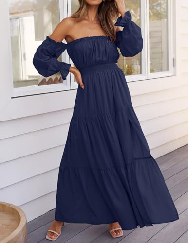 ZESICA Women's 2024 Boho Sexy Off Shoulder Long Sleeve Smocked High Waist Side Split Flowy A Line Tiered Long Maxi Dress,Navy,Small