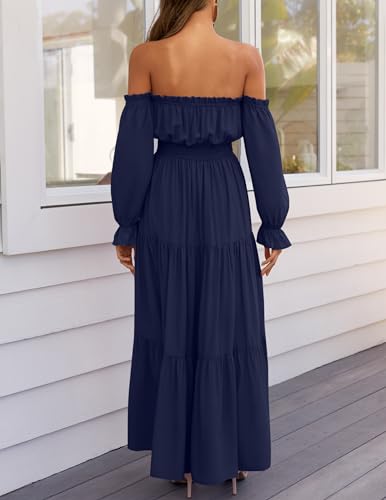ZESICA Women's 2024 Boho Sexy Off Shoulder Long Sleeve Smocked High Waist Side Split Flowy A Line Tiered Long Maxi Dress,Navy,Small