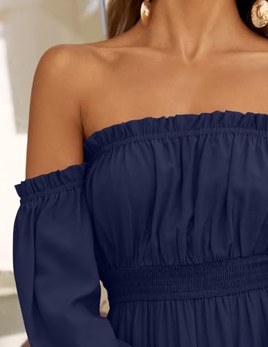 ZESICA Women's 2024 Boho Sexy Off Shoulder Long Sleeve Smocked High Waist Side Split Flowy A Line Tiered Long Maxi Dress,Navy,Small