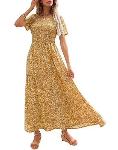 Maggeer 2024 Womens Summer Spring Short Sleeve Maxi Dress Casual Flowy Cute Smocked Boho Baby Shower Beach Wedding Guest Long Dresses for Women Mustard L