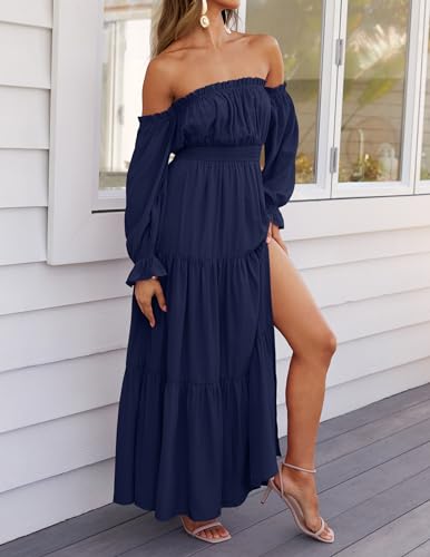 ZESICA Women's 2024 Boho Sexy Off Shoulder Long Sleeve Smocked High Waist Side Split Flowy A Line Tiered Long Maxi Dress,Navy,Small