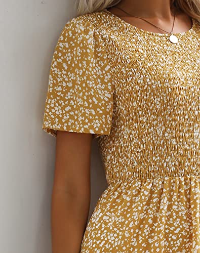 Maggeer 2024 Womens Summer Spring Short Sleeve Maxi Dress Casual Flowy Cute Smocked Boho Baby Shower Beach Wedding Guest Long Dresses for Women Mustard L