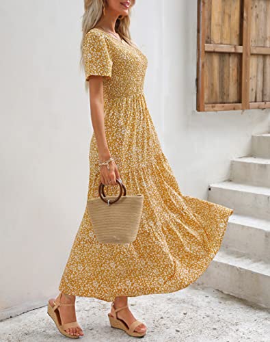Maggeer 2024 Womens Summer Spring Short Sleeve Maxi Dress Casual Flowy Cute Smocked Boho Baby Shower Beach Wedding Guest Long Dresses for Women Mustard L