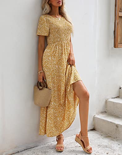Maggeer 2024 Womens Summer Spring Short Sleeve Maxi Dress Casual Flowy Cute Smocked Boho Baby Shower Beach Wedding Guest Long Dresses for Women Mustard L